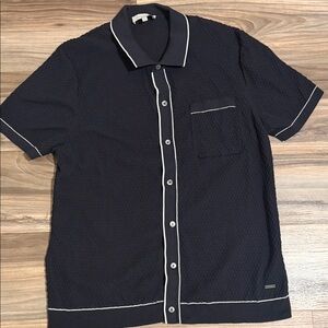 Bugatchi Men’s Sz.XL Tipped Short Sleeve Textured Sweater Button Up Black White